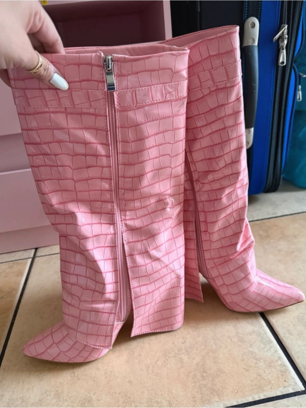 Pink Croc-Embossed Knee Boot - Women - Picture 2 of 6